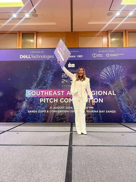 FARMTRI co-founder Marini Fernandez takes the podium for topping the regional finals of the She Loves Tech 2024 in Singapore to represent Southeast Asia in the SLT’s global championship round in November.